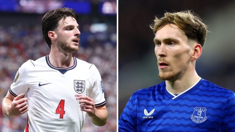 Declan Rice #4 of England is seen during the FIFA World Cup 2026 Round Of 32 match between England and Congo DR. James Garner reacts during Everton...