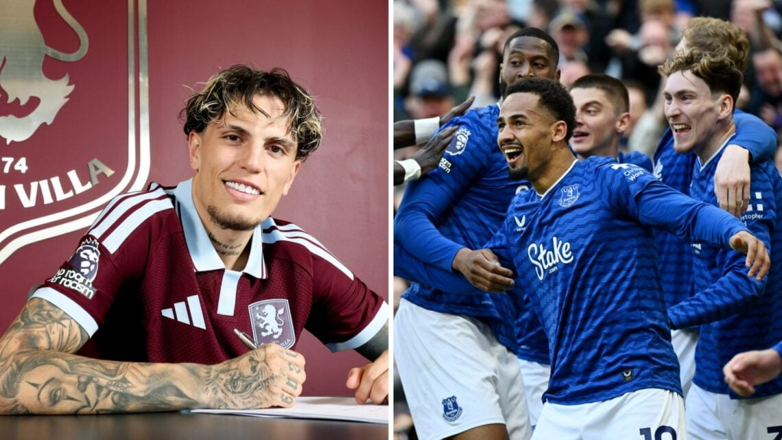 Alejandro Garnacho signs a contract at Aston Villa (left), Iliman Ndiaye and his Everton teammates celebrate (right)
