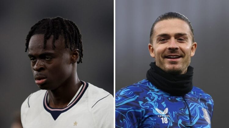 Tyrique George playing for England U21s (left), Jack Grealish ahead of playing for Everton (right)