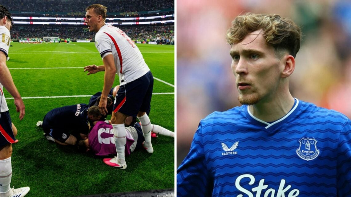 Jordan Henderson being treated by England medics (left), James Garner playing for Everton (right)