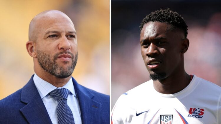Tim Howard in a suit (left), Folarin Balogun playing for USMNT (right)