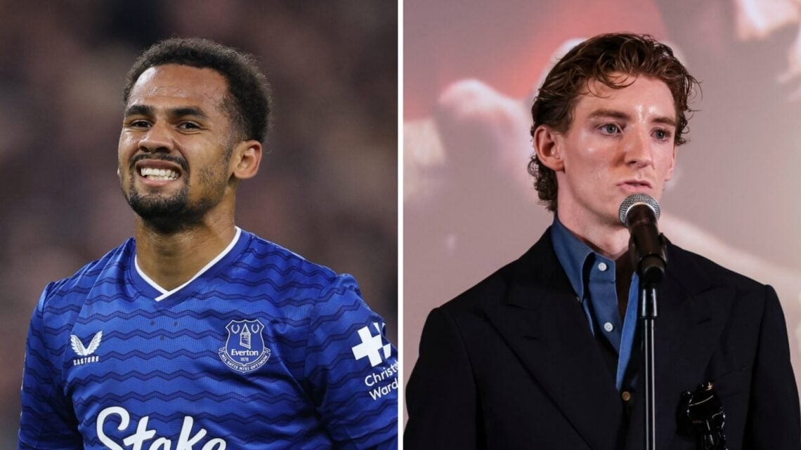 Iliman Ndiaye playing for Everton (left), Anthony Gordon speaking at his Barcelona unveiling (right)