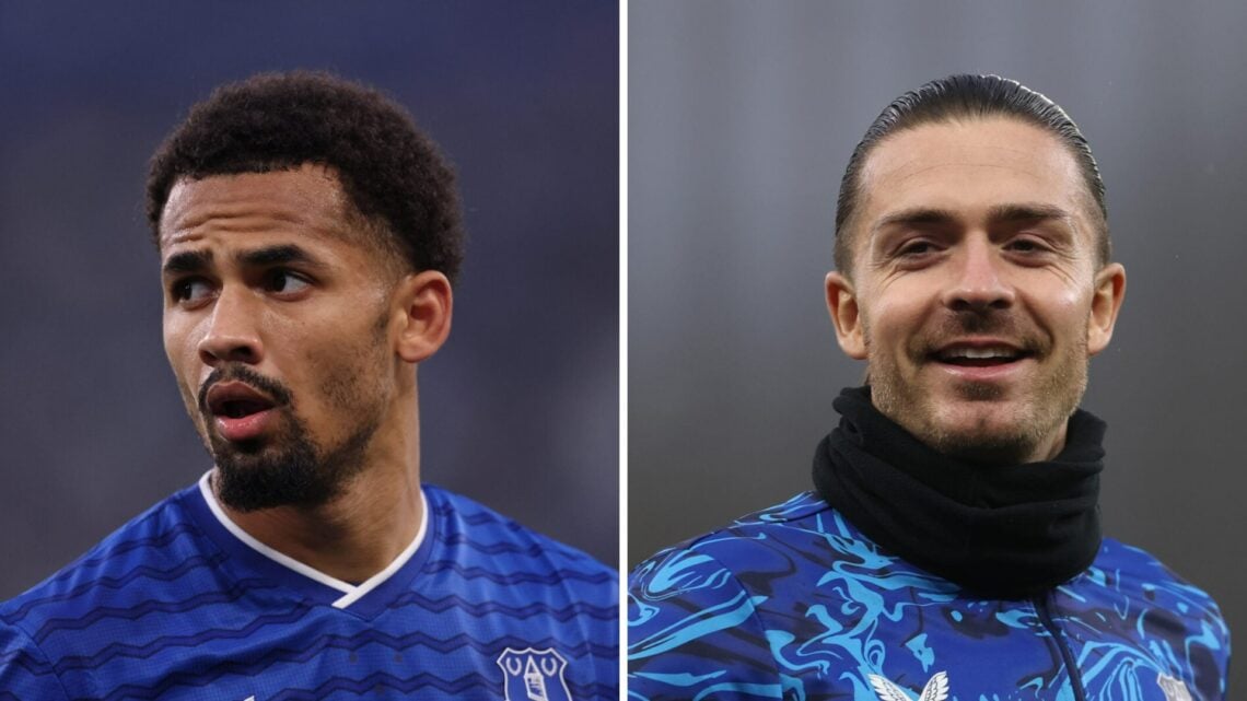 Iliman Ndiaye playing for Everton (left), Jack Grealish warming up for Everton (right)