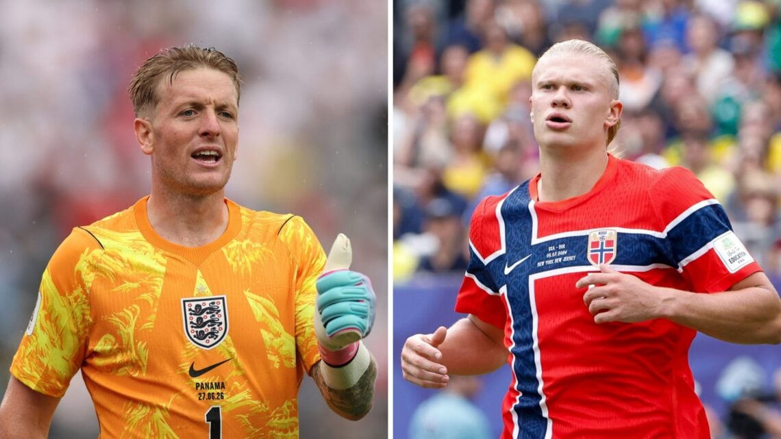 Jordan Pickford playing for England (left), Erling Haaland playing for Norway (right)