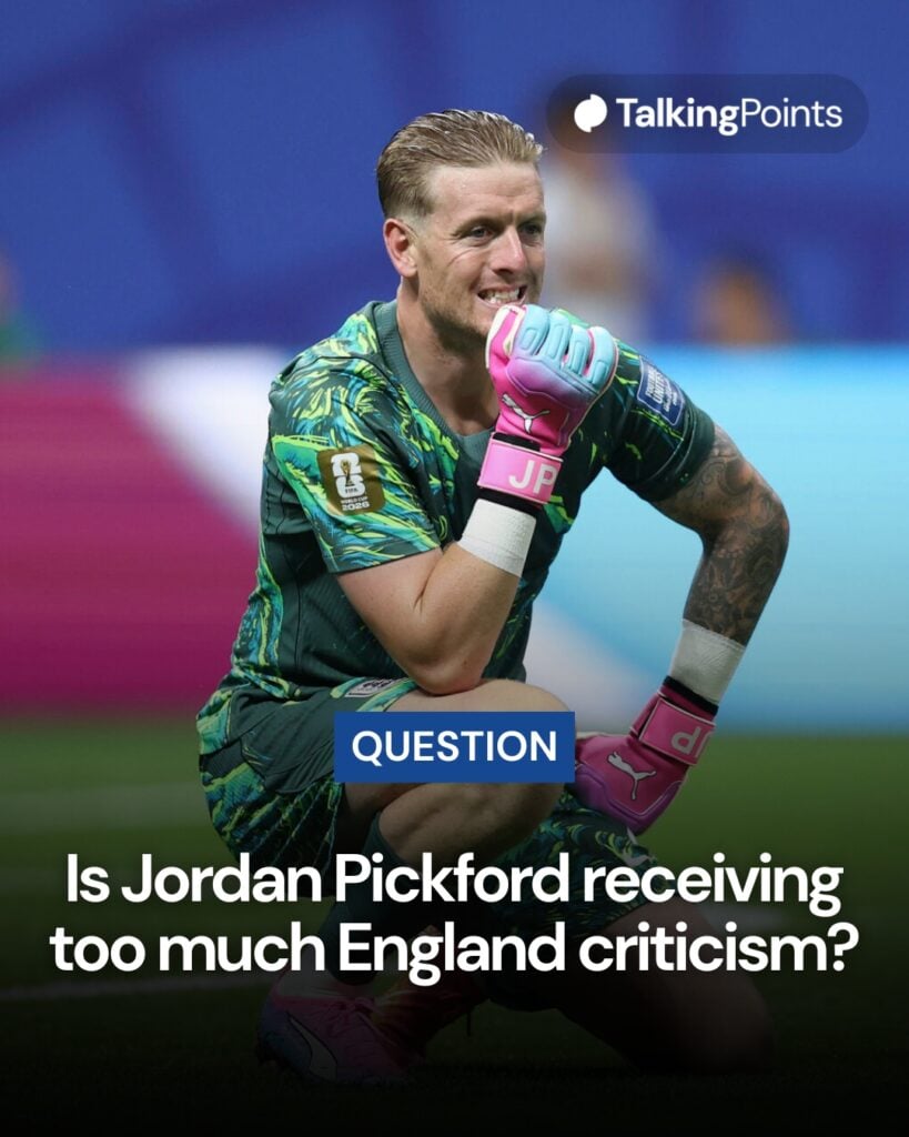 Jordan Pickford #1 of England reacts during the FIFA World Cup 2026 Round Of 32 match between England and Congo DR.